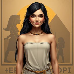 A beautiful Egyptian girl with long hair, wearing a modest dress without a neckline, portrayed waist up
