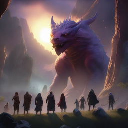 An ultra-realistic, 4K HD image showcasing a Dungeons and Dragons party of four, serenely interacting with Behemoths in a valley