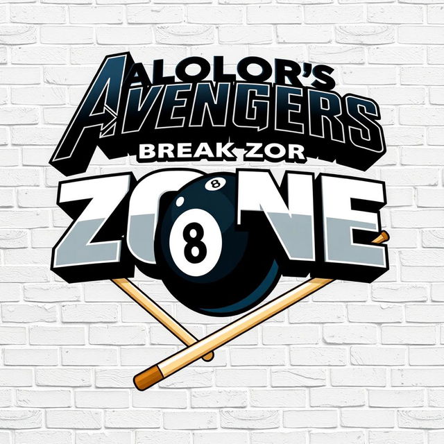 A logo design for ALOLOR's BREAK ZONE, featured prominently at the top in the iconic Avengers font, rendered in a striking 3D effect