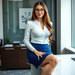 A 32-year-old professional Russian woman with long brown hair, 34D breasts, and a buxom figure