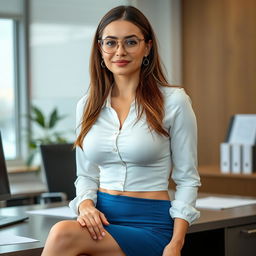 A 32-year-old professional Russian woman with long brown hair, 34D breasts, and a buxom figure