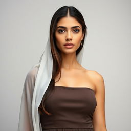 A beautiful Egyptian woman aged 30-35, featuring long hair and dressed in a modest dress without a neckline