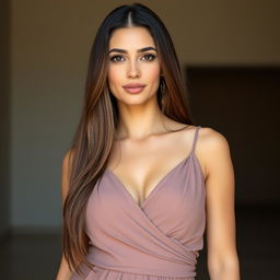 A beautiful Egyptian woman aged 30-35, featuring long hair and dressed in a modest dress without a neckline