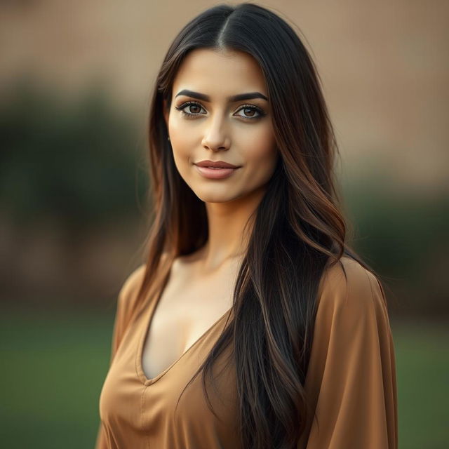 A beautiful Egyptian woman aged 30-35, featuring long hair and dressed in a modest dress without a neckline