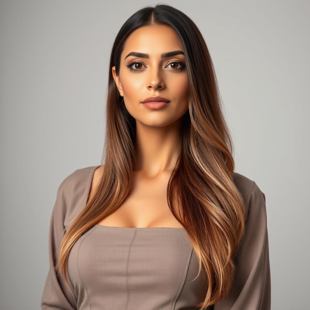 A beautiful Egyptian woman aged 30-35, featuring long hair and dressed in a modest dress without a neckline