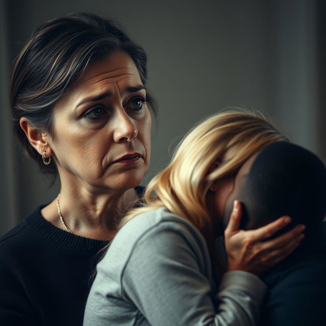 A poignant scene depicting a sad mother who looks away in disappointment or sorrow, her face reflecting a mix of emotions