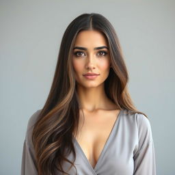 A beautiful Egyptian woman aged 30-35 with long hair, wearing a modest dress without décolletage