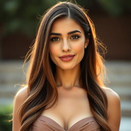 A beautiful Egyptian woman aged 30-35 with long hair, wearing a modest dress without décolletage