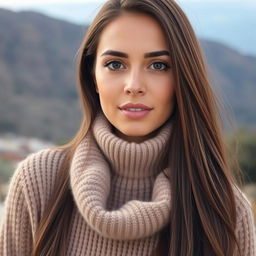 A beautiful Egyptian woman aged 30-35, with long hair, wearing a cozy sweater with a high neckline, showcasing her natural beauty