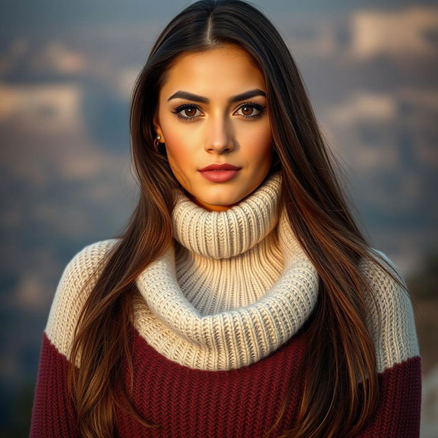 A beautiful Egyptian woman aged 30-35, with long hair, wearing a cozy sweater with a high neckline, showcasing her natural beauty