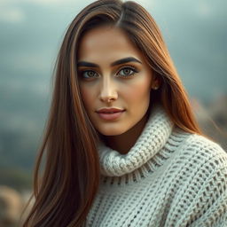 A beautiful Egyptian woman aged 30-35, with long hair, wearing a cozy sweater with a high neckline, showcasing her natural beauty