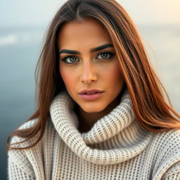 A beautiful Egyptian woman aged 30-35, with long hair, wearing a cozy sweater with a high neckline, showcasing her natural beauty