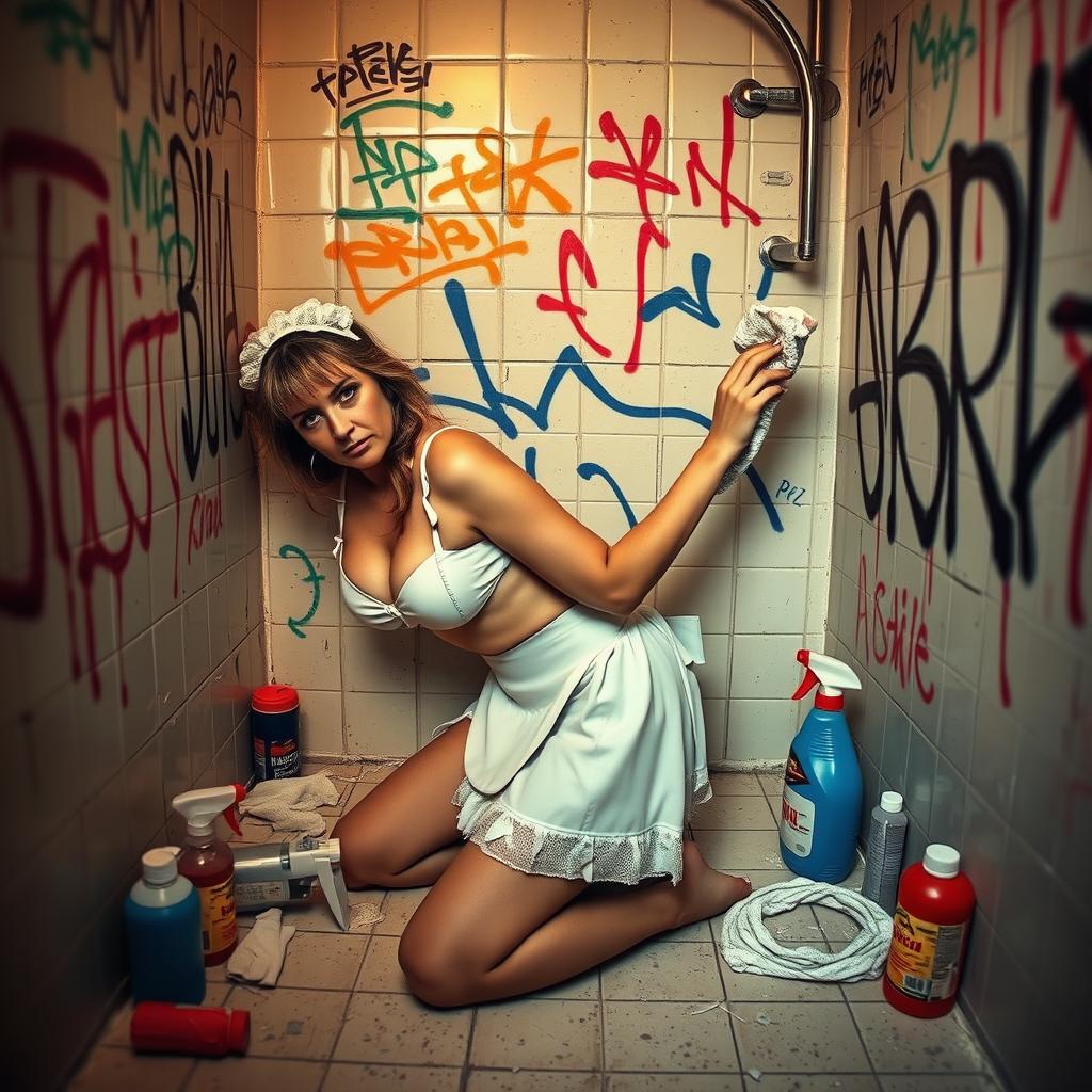 A mature woman in a bikini maid outfit, kneeling sadly while scrubbing a tagged bathroom wall