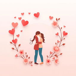 A visually engaging and warm image for a dating app, featuring two stylized figures representing a couple in a gentle embrace, framed by a collection of hearts and soft floral elements