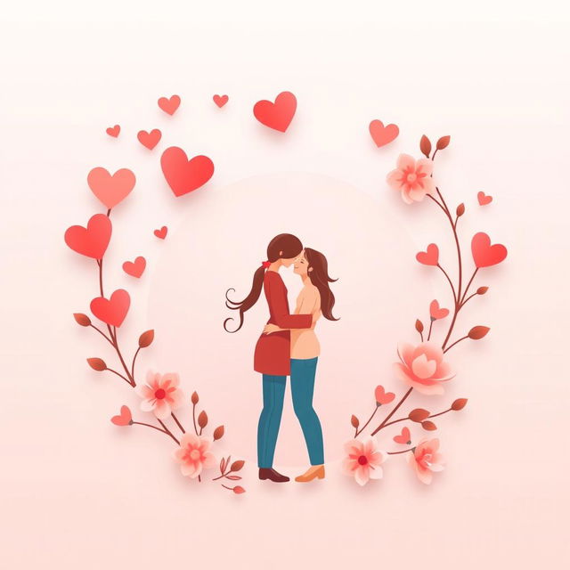 A visually engaging and warm image for a dating app, featuring two stylized figures representing a couple in a gentle embrace, framed by a collection of hearts and soft floral elements