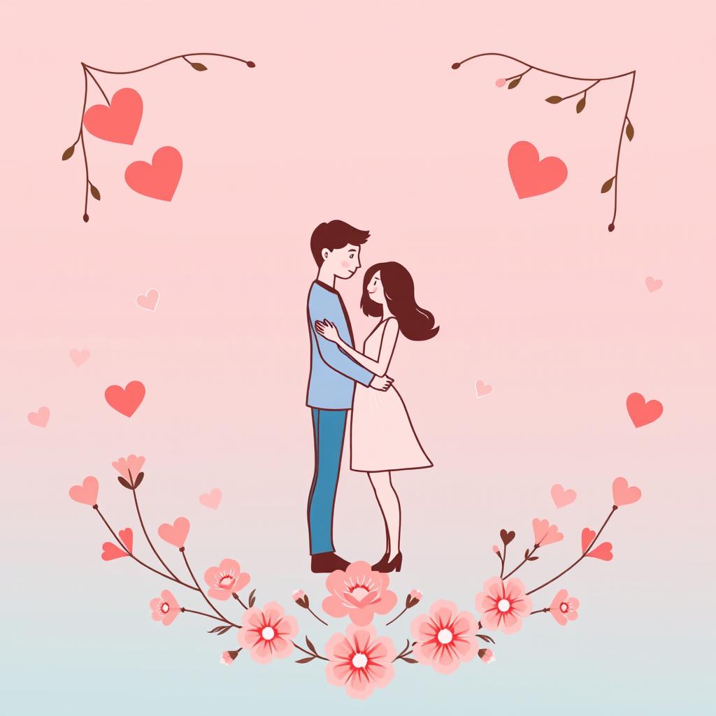 A visually engaging and warm image for a dating app, featuring two stylized figures representing a couple in a gentle embrace, framed by a collection of hearts and soft floral elements