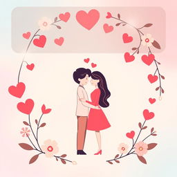 A visually engaging and warm image for a dating app, featuring two stylized figures representing a couple in a gentle embrace, framed by a collection of hearts and soft floral elements