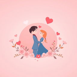 A visually engaging and warm image for a dating app, featuring two stylized figures representing a couple in a gentle embrace, framed by a collection of hearts and soft floral elements