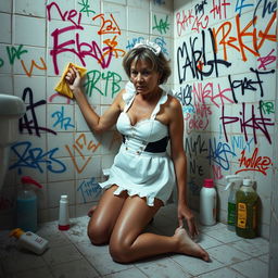 A sad mature woman wearing a bikini maid outfit, kneeling on the floor as she scrubs a bathroom wall covered in colorful graffiti tags