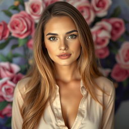 A beautiful Egyptian woman aged 30-35 with long hair, wearing a blouse that does not reveal any cleavage