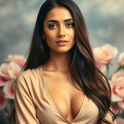 A beautiful Egyptian woman aged 30-35 with long hair, wearing a blouse that does not reveal any cleavage