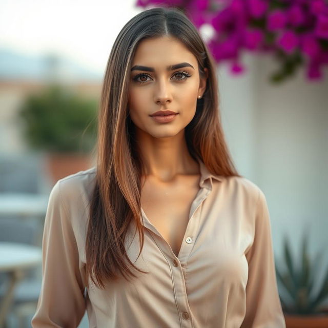 A beautiful Egyptian woman aged 30-35 with long hair, wearing a blouse that does not reveal any cleavage