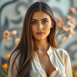 A beautiful Egyptian woman aged 30-35 with long hair, wearing a blouse that does not reveal any cleavage