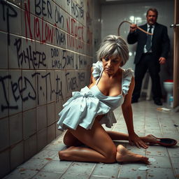 A mature woman in a bikini maid outfit, kneeling on the floor, scrubbing a graffiti-tagged bathroom wall with a look of sadness on her face