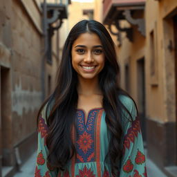 A young Egyptian woman with long dark hair and warm olive-toned skin, dressed in a traditional long dress adorned with vibrant patterns