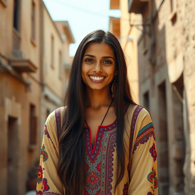 A young Egyptian woman with long dark hair and warm olive-toned skin, dressed in a traditional long dress adorned with vibrant patterns