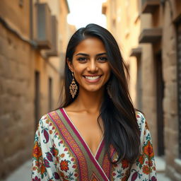 A young Egyptian woman with long dark hair and warm olive-toned skin, dressed in a traditional long dress adorned with vibrant patterns