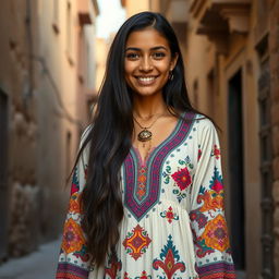 A young Egyptian woman with long dark hair and warm olive-toned skin, dressed in a traditional long dress adorned with vibrant patterns