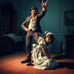 A scene depicting a bratty bully in a triumphant victory pose, confidently standing on the back of a kneeling, sad maid