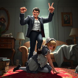 A scene depicting a bratty bully in a triumphant victory pose, confidently standing on the back of a kneeling, sad maid