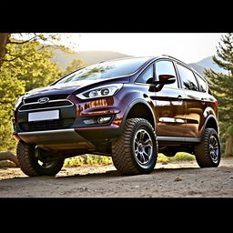 A lifted Ford S-Max MK1 parked off-road, showcasing its rugged suspension and larger tires