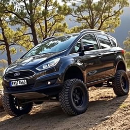 A lifted Ford S-Max MK1 parked off-road, showcasing its rugged suspension and larger tires