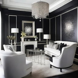 A sophisticated room with jet-black wallpaper, creating a striking contrast with shiny silver accents and plush, white furnishings