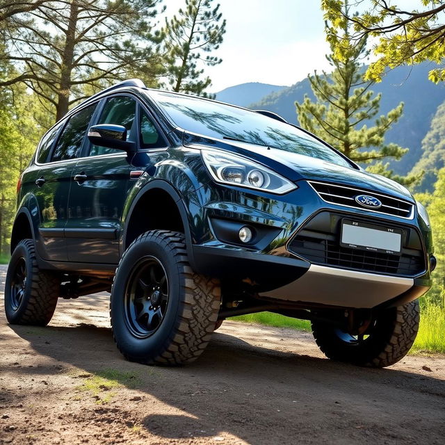 A lifted Ford S-Max MK1 parked off-road, showcasing its rugged suspension and larger tires