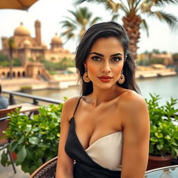A beautiful Egyptian woman with dark eyes and well-defined facial features, wearing an elegant modern dress