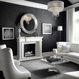 A sophisticated room with jet-black wallpaper, creating a striking contrast with shiny silver accents and plush, white furnishings