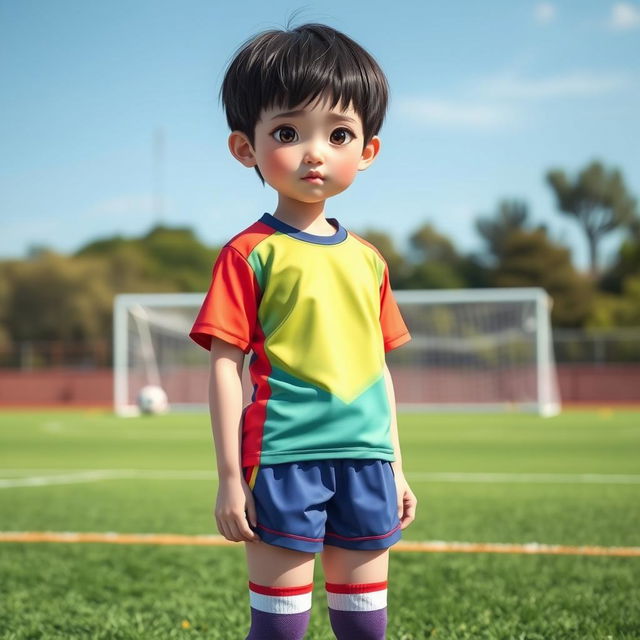 A shy Chinese girl with short hair, wearing a colorful soccer outfit and sporty stockings