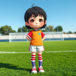 A shy Chinese girl with short hair, wearing a colorful soccer outfit and sporty stockings