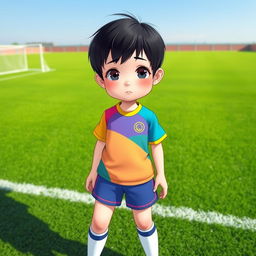 A shy Chinese girl with short hair, wearing a colorful soccer outfit and sporty stockings