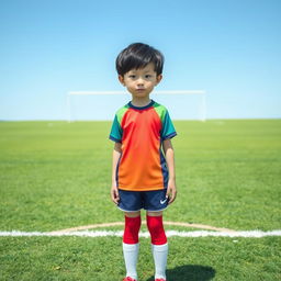 A shy Chinese girl with short hair, wearing a colorful soccer outfit and sporty stockings