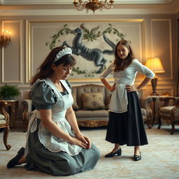 A scene capturing a sad mature maid kneeling in front of a bratty bully