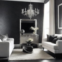 A sophisticated room with jet-black wallpaper, creating a striking contrast with shiny silver accents and plush, white furnishings