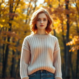 A young woman with wavy red hair, fair skin, and green eyes, dressed in a cozy light beige knitted sweater and jeans