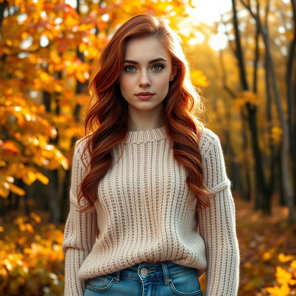 A young woman with wavy red hair, fair skin, and green eyes, dressed in a cozy light beige knitted sweater and jeans