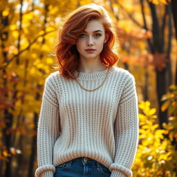A young woman with wavy red hair, fair skin, and green eyes, dressed in a cozy light beige knitted sweater and jeans