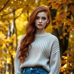A young woman with wavy red hair, fair skin, and green eyes, dressed in a cozy light beige knitted sweater and jeans
